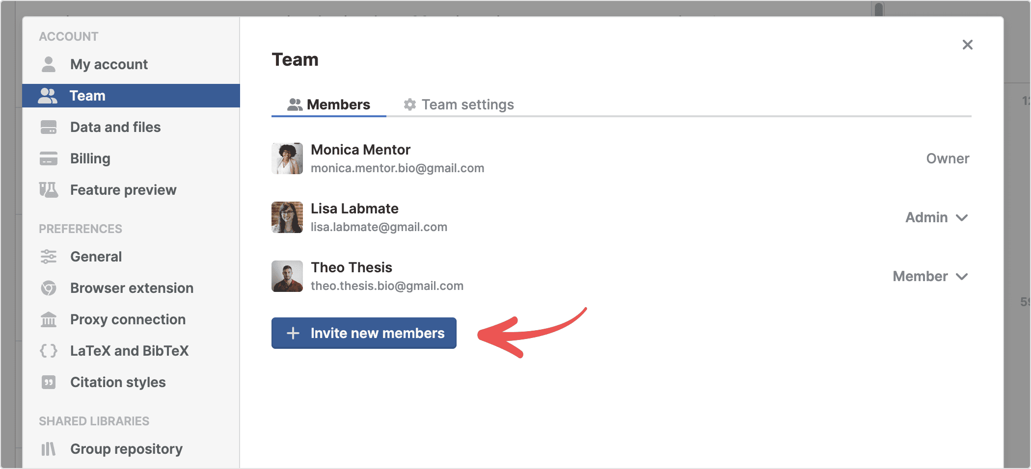 Settings › Team on the Members tab, listing an Owner, an Admin and a Member with their avatars and email addresses, and a red arrow pointing to the “Invite new members” button.